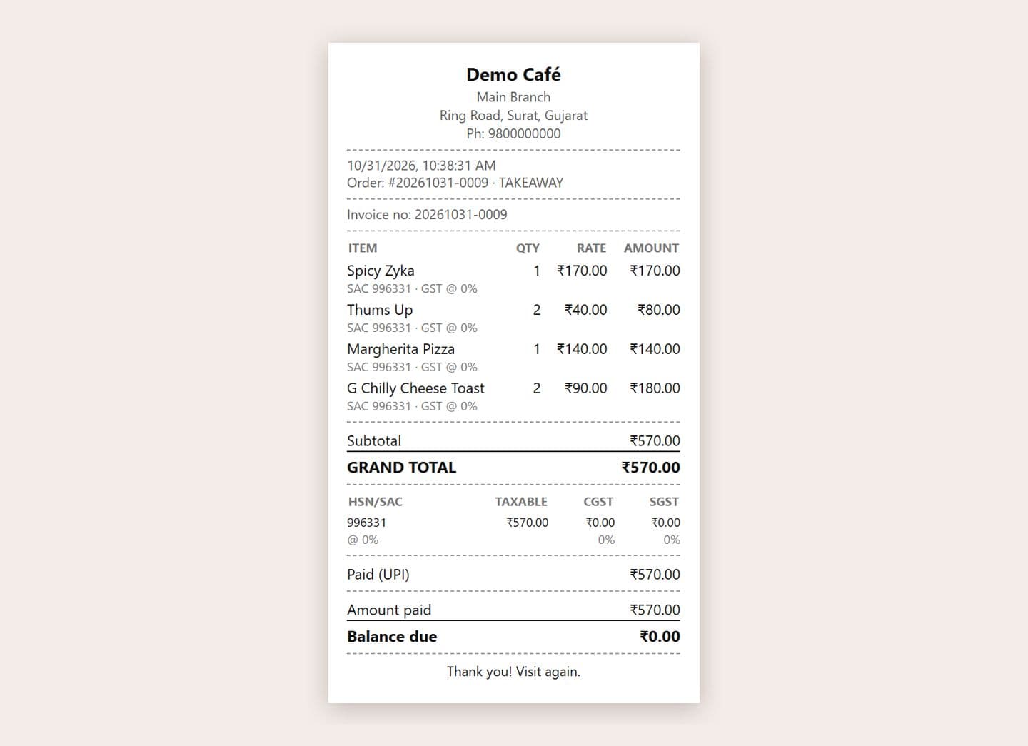 A RestroTech GST bill with items, HSN/SAC summary, payment and balance