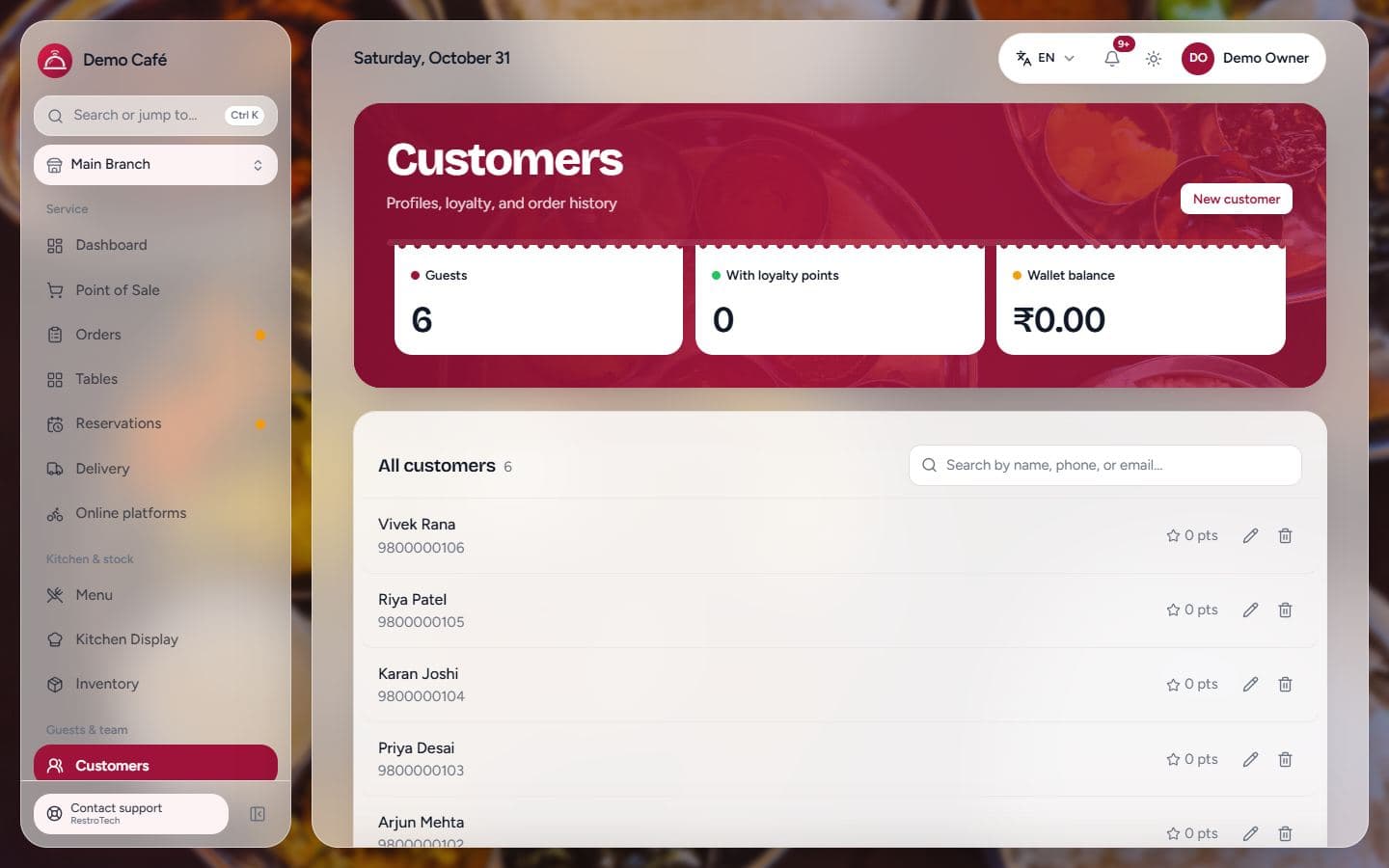RestroTech customer list with loyalty points and contact numbers