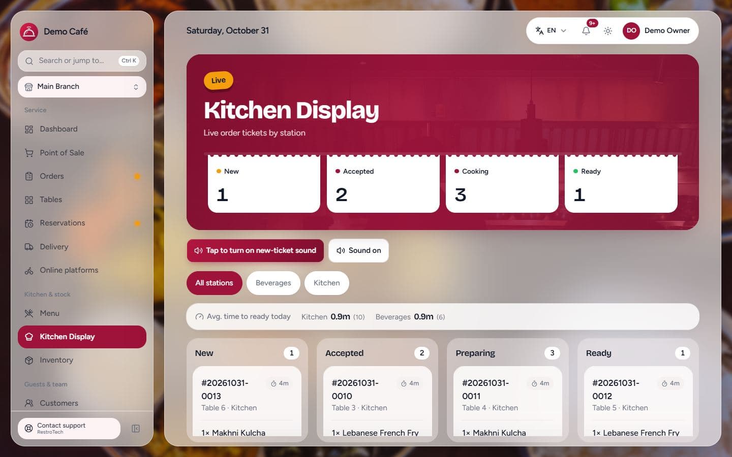 RestroTech kitchen display with tickets in New, Accepted, Preparing and Ready columns and average time to ready by station