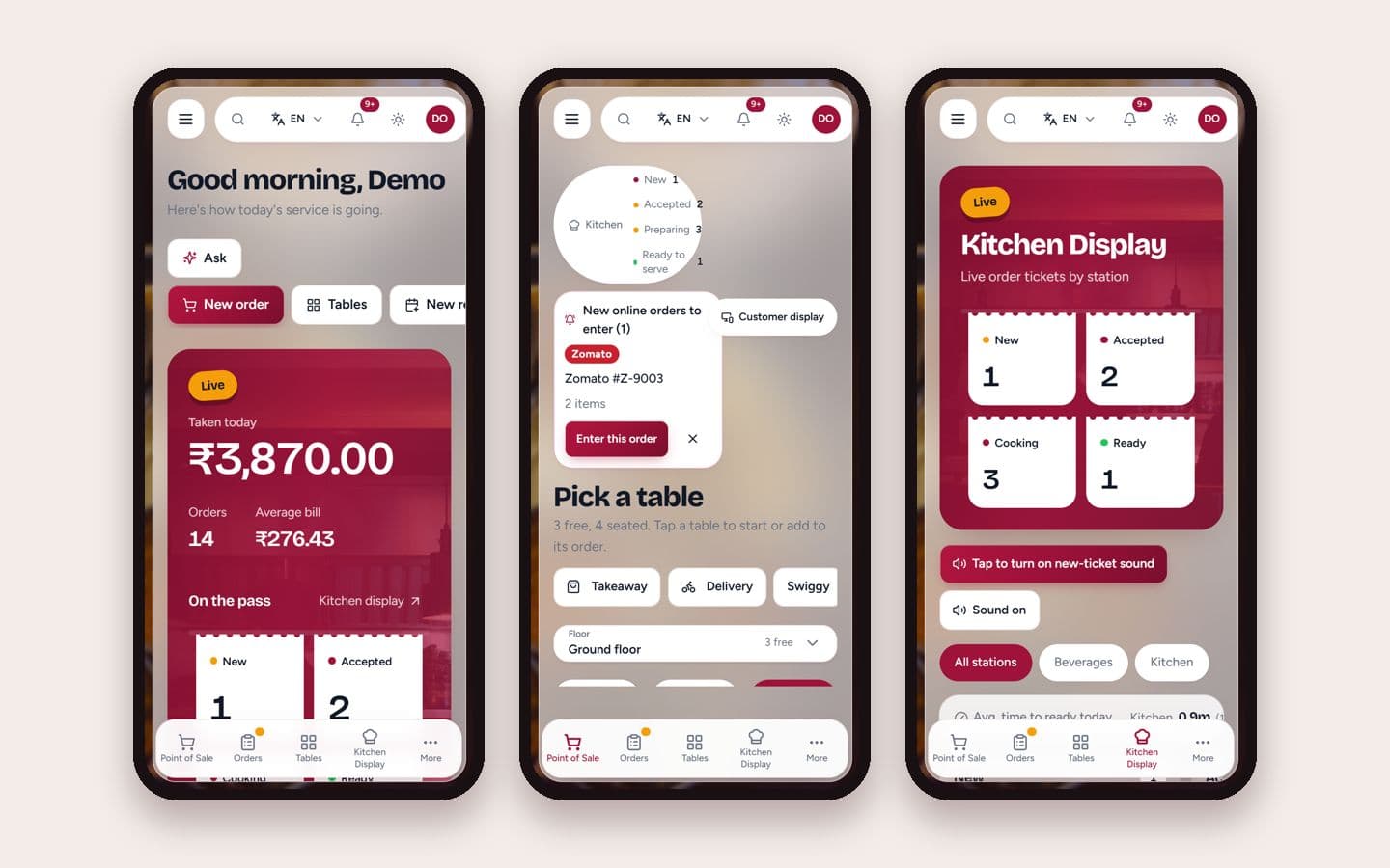 RestroTech on three phones: the owner dashboard, the point of sale and the kitchen display