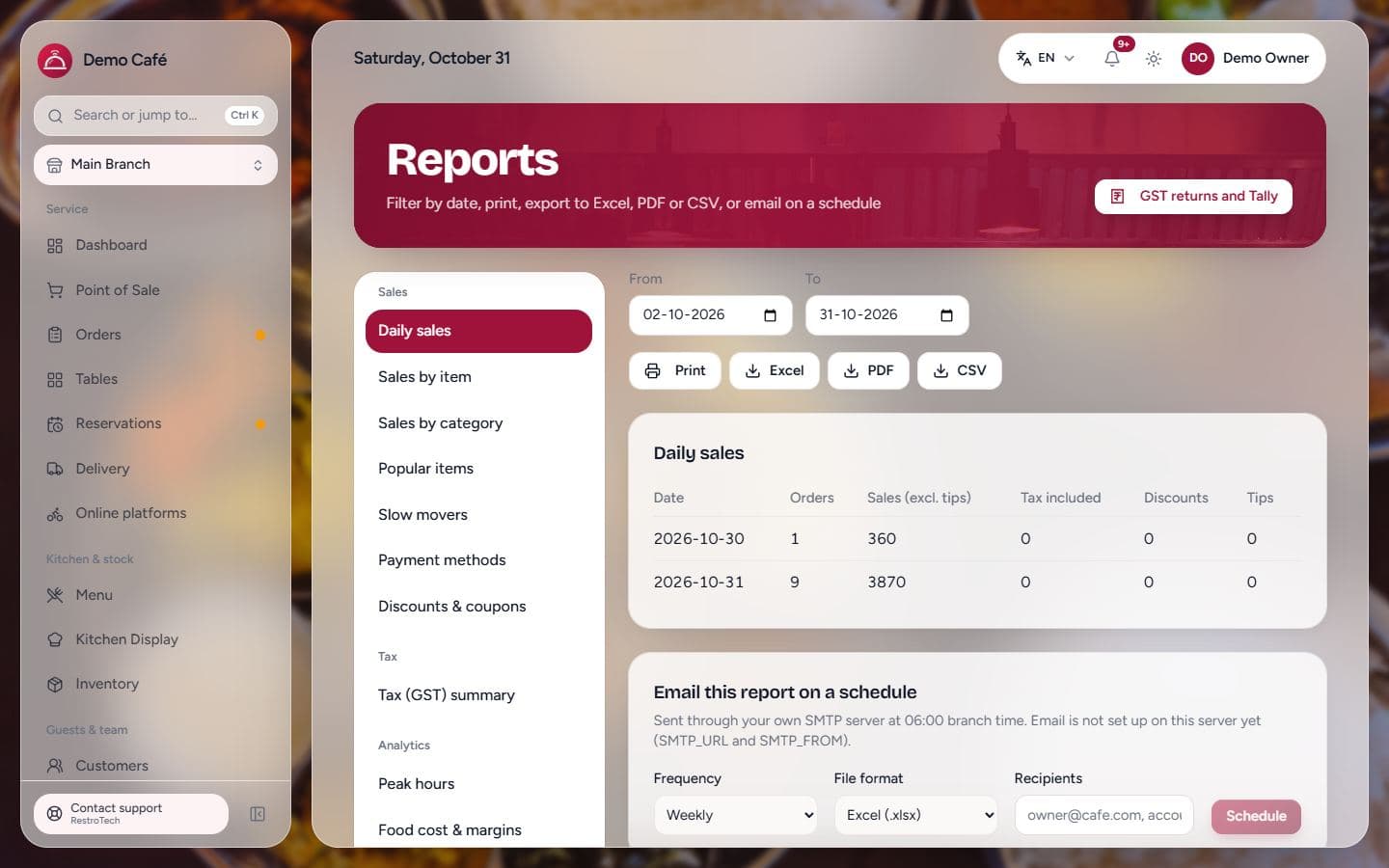 RestroTech reports screen with daily sales, export to Excel, PDF and CSV, and scheduled email