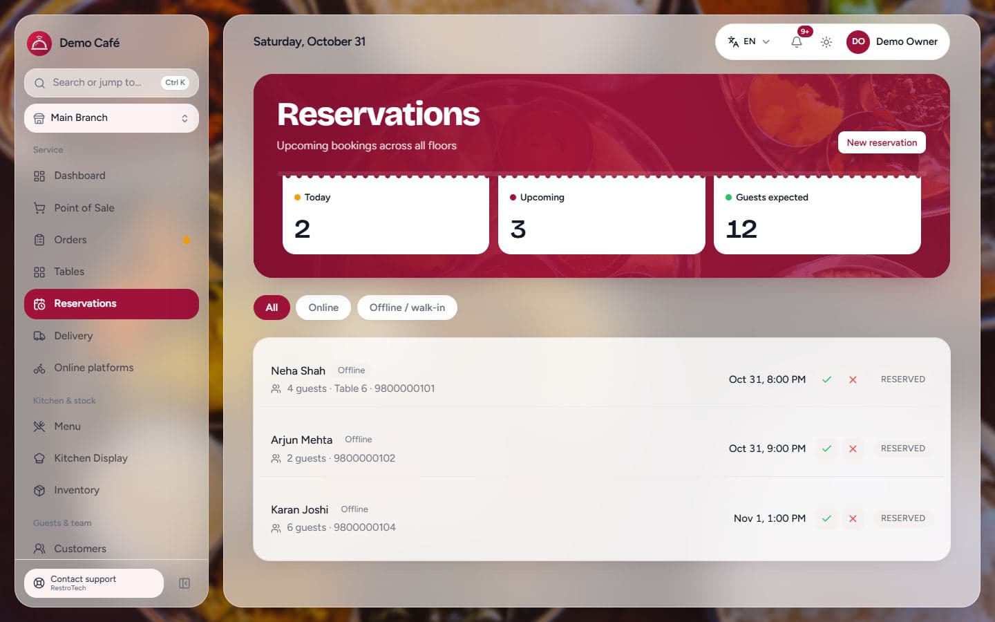 RestroTech reservations list showing today's and upcoming bookings with guest counts and tables