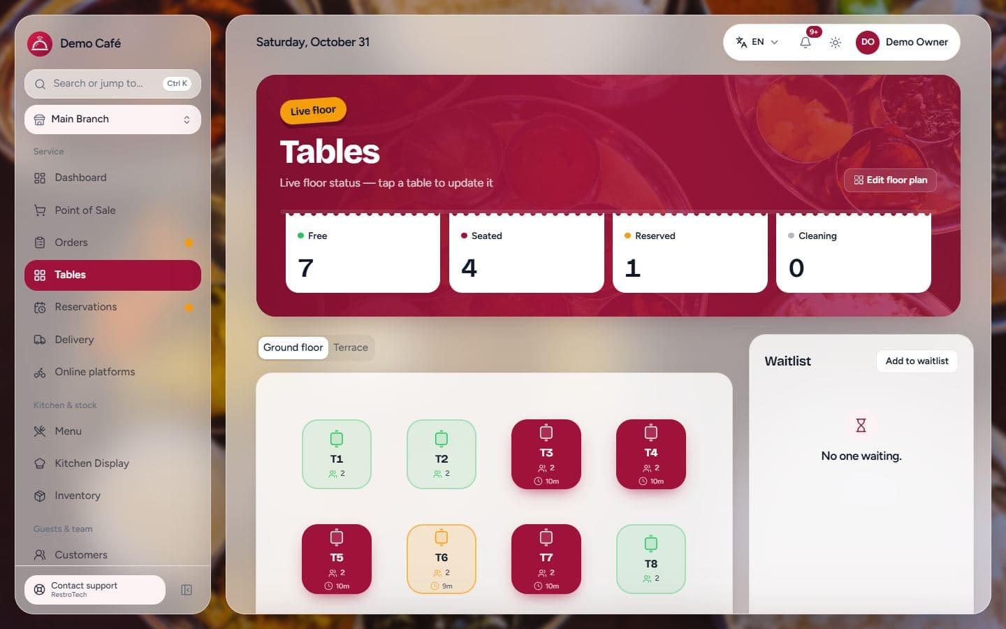 RestroTech live floor plan with free, seated and reserved tables and a waitlist panel